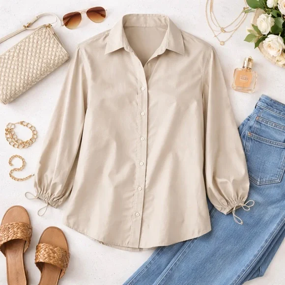 Chico’s | Beige Utility Button Down Blouse | Drawstring Cuffs | Size 1.5 (US 10) - Picture 2 of 7